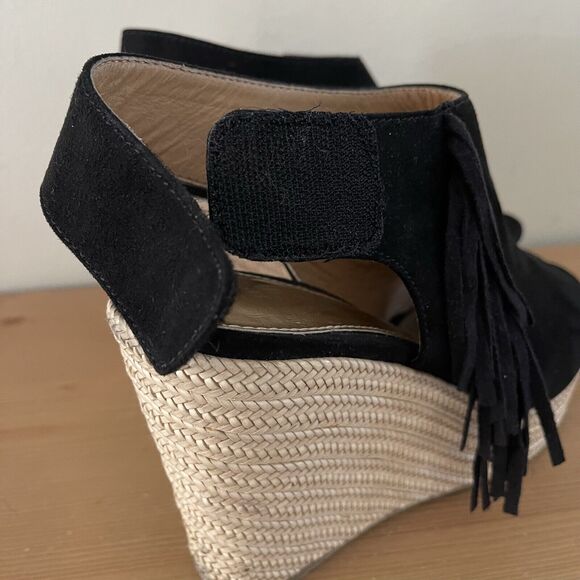 Report Boho Wedge Sandals Womens 9 Utility Espadrilles Black Suede Fringe Shoes - Picture 8 of 12